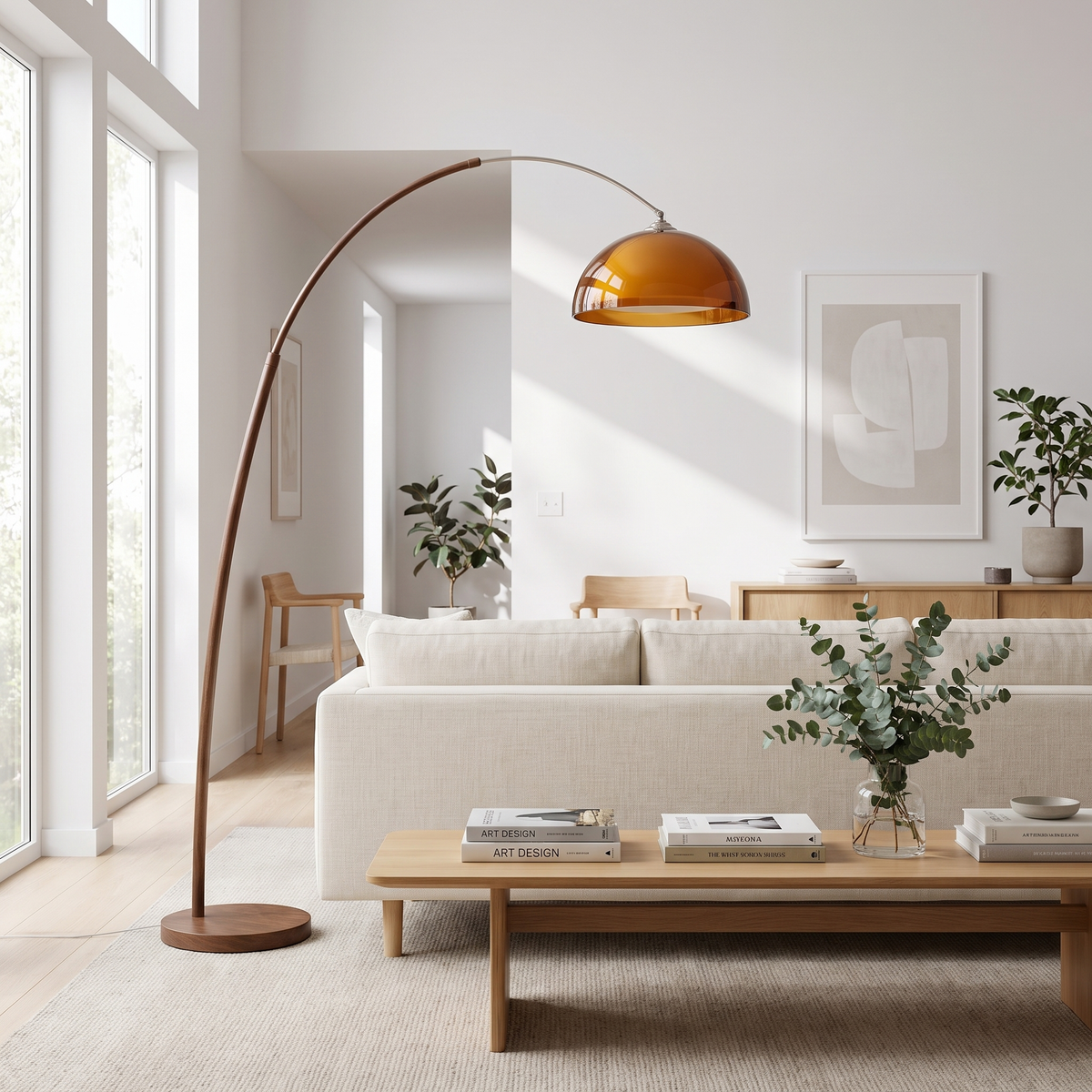
Ventoro Arc Floor Lamp Walnut Wood Standing Light with Amber Dome Shade