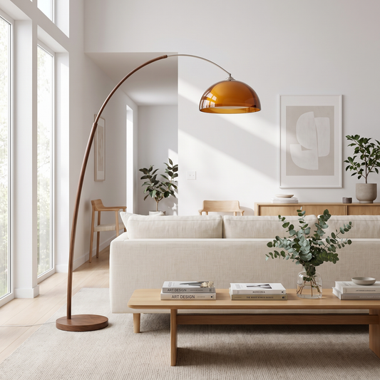 
Ventoro Arc Floor Lamp Walnut Wood Standing Light with Amber Dome Shade