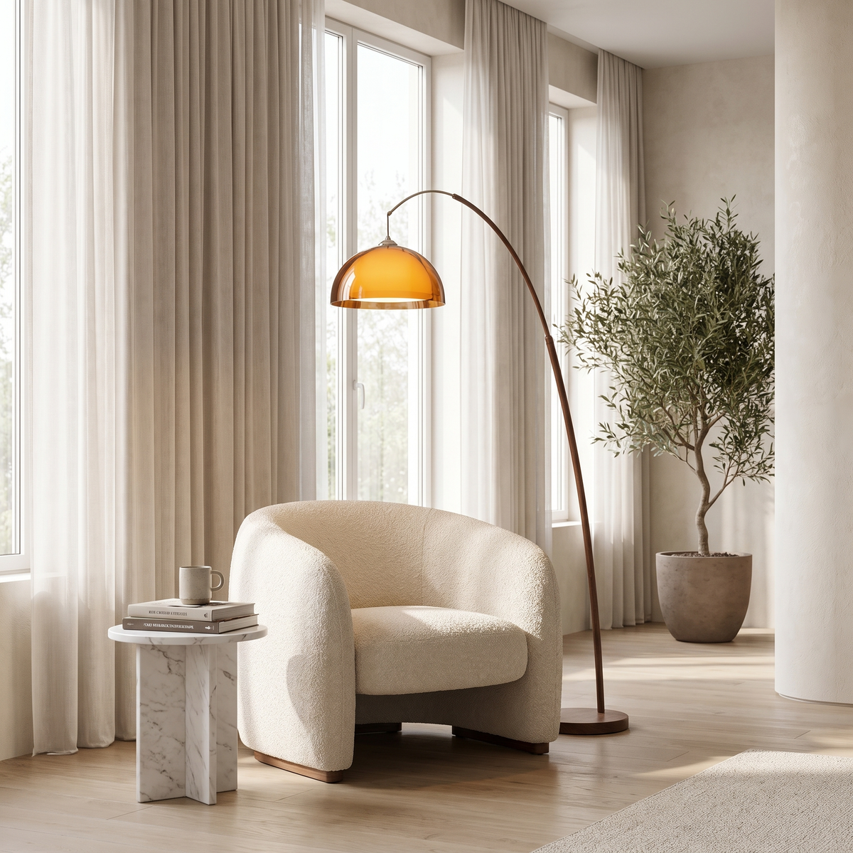 
Ventoro Arc Floor Lamp Walnut Wood Standing Light with Amber Dome Shade