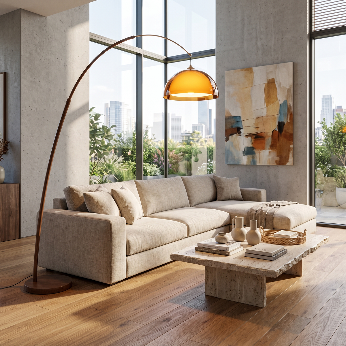 
Ventoro Arc Floor Lamp Walnut Wood Standing Light with Amber Dome Shade