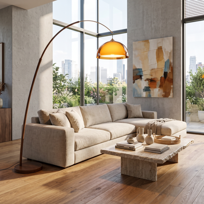 Ventoro Arc Floor Lamp Walnut Wood Standing Light with Amber Dome Shade