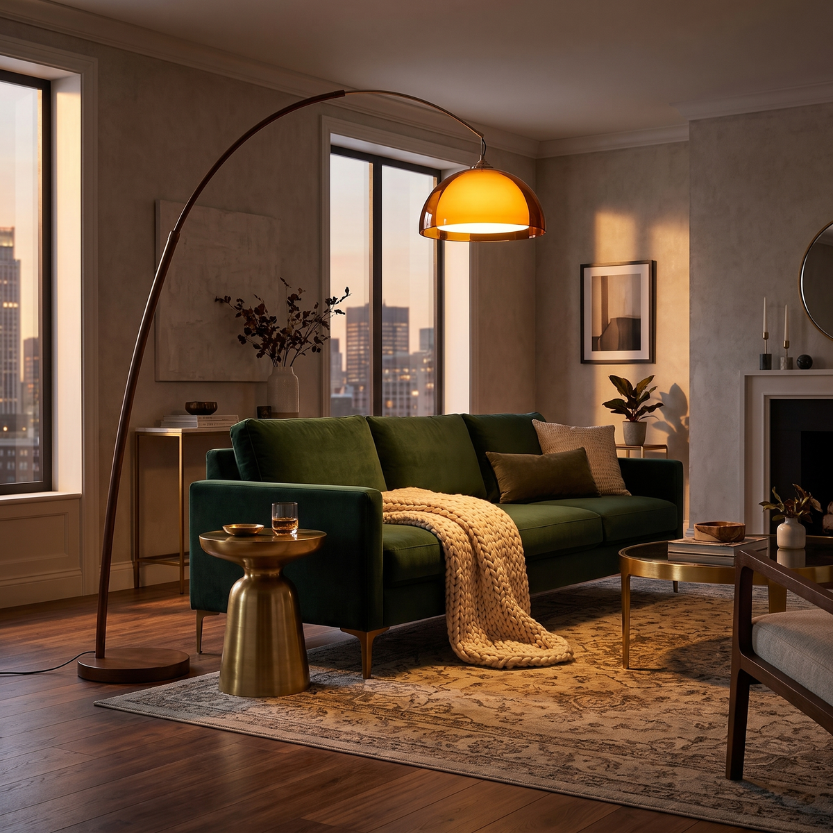 
Ventoro Arc Floor Lamp Walnut Wood Standing Light with Amber Dome Shade