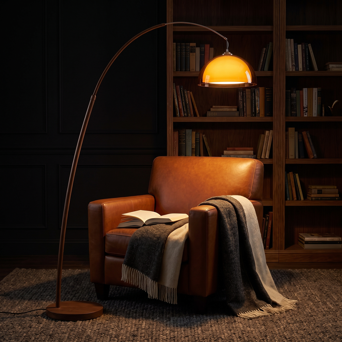 
Ventoro Arc Floor Lamp Walnut Wood Standing Light with Amber Dome Shade
