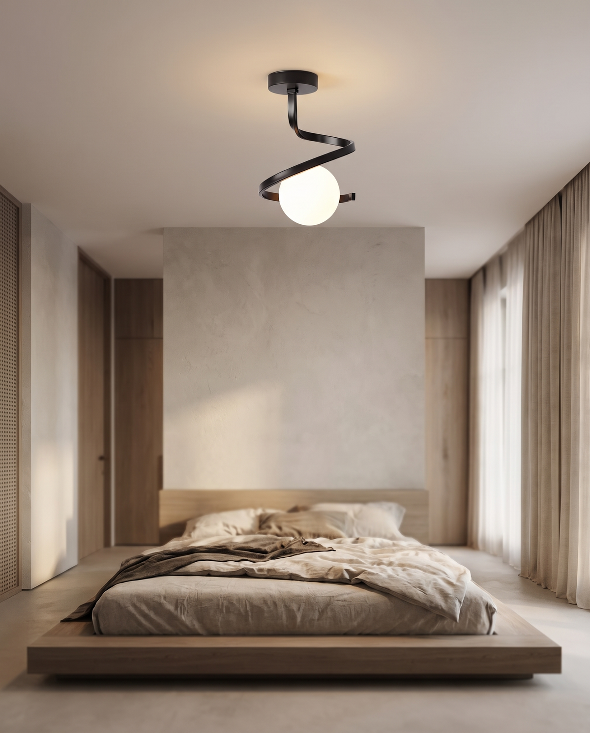 
Spirale Lunare Ceiling Light Wrought Iron Curl with Matte Glass Globe