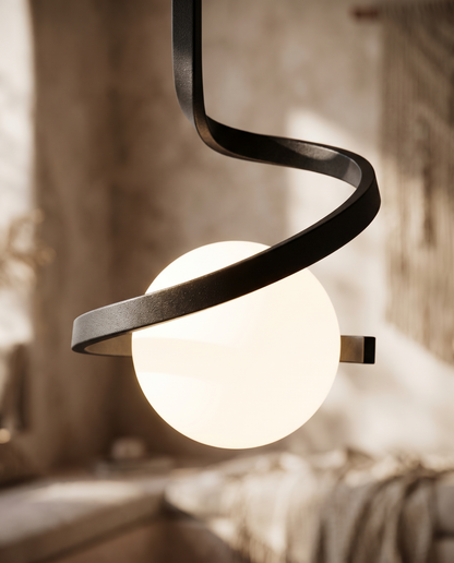 Spirale Lunare Ceiling Light Wrought Iron Curl with Matte Glass Globe