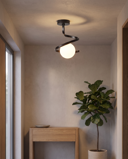 Spirale Lunare Ceiling Light Wrought Iron Curl with Matte Glass Globe