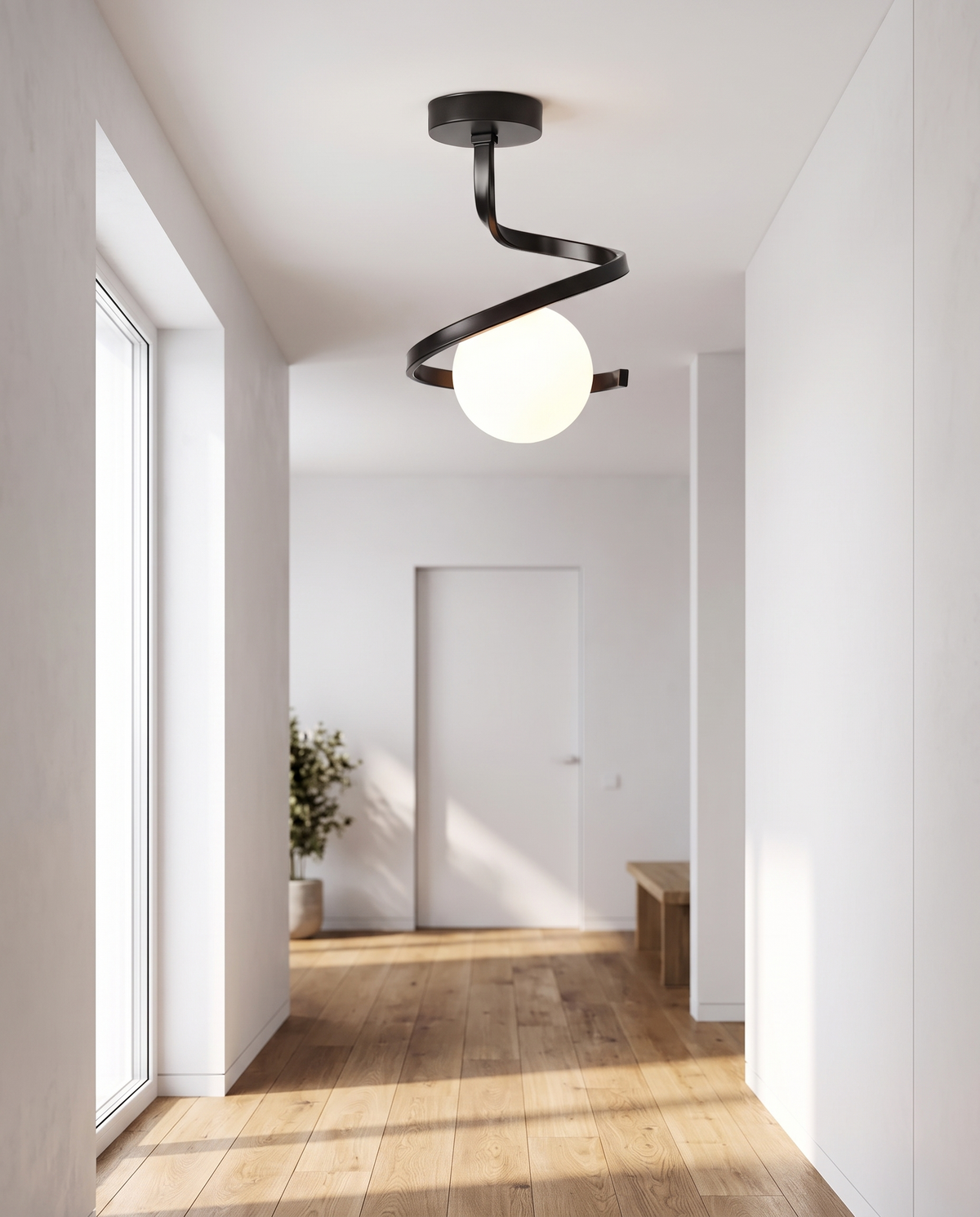 
Spirale Lunare Ceiling Light Wrought Iron Curl with Matte Glass Globe