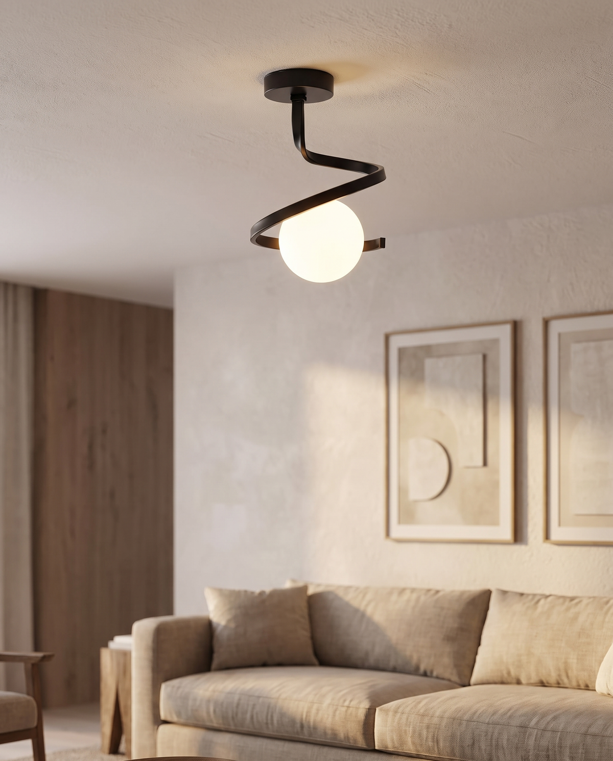 
Spirale Lunare Ceiling Light Wrought Iron Curl with Matte Glass Globe