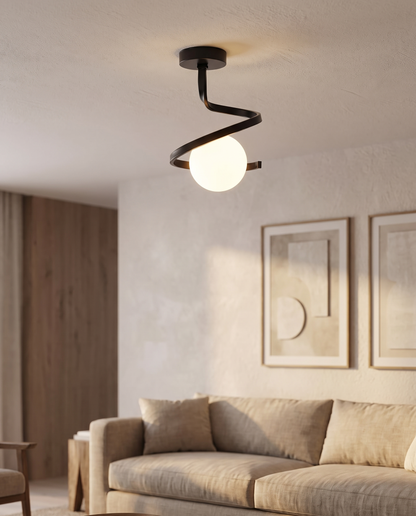 Spirale Lunare Ceiling Light Wrought Iron Curl with Matte Glass Globe