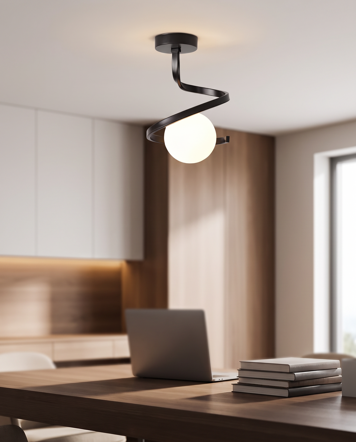 
Spirale Lunare Ceiling Light Wrought Iron Curl with Matte Glass Globe