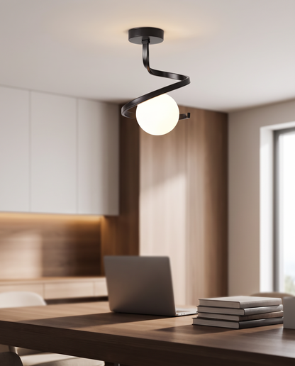 Spirale Lunare Ceiling Light Wrought Iron Curl with Matte Glass Globe