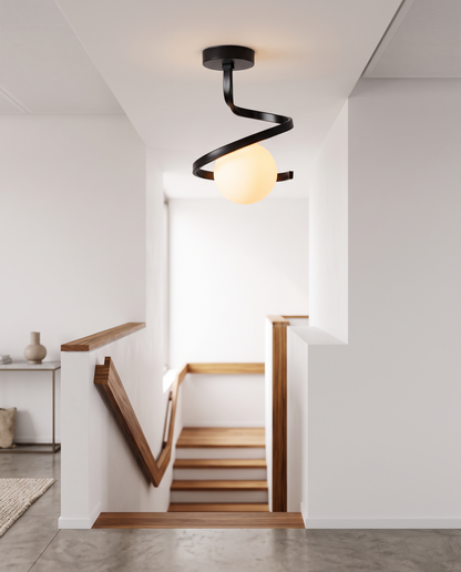 Spirale Lunare Ceiling Light Wrought Iron Curl with Matte Glass Globe
